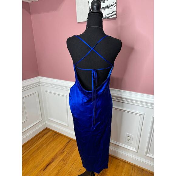 Amanda Uprichard Jasalina Dress in Branson Blue Large Satin Backless Cross Strap - Picture 3 of 10